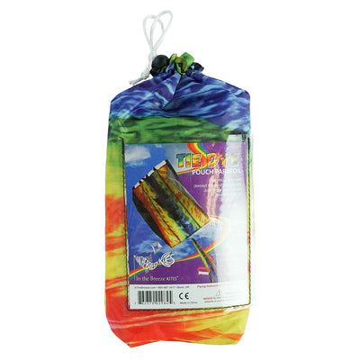 Tie Dye Pouch Parafoil Kite soaring in the blue sky, featuring a colorful design and three coordinating kite tails.