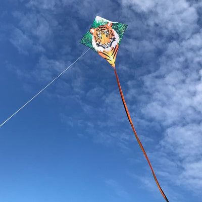 Tiger 30 inch diamond kite with vibrant tiger graphic and color-coordinated tails flying against a blue sky.