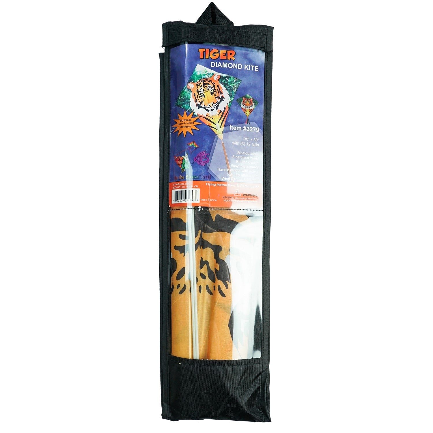 Tiger 30 inch diamond kite with vibrant tiger graphic and color-coordinated tails flying against a blue sky.
