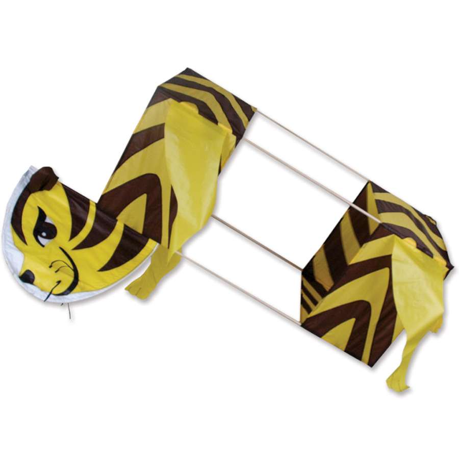 Colorful Tiger Box Kite measuring 20x25 inches soaring high against a clear blue sky, showcasing its playful design and sturdy build.