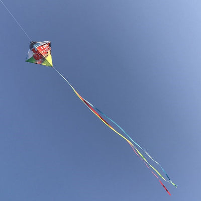 Train 30" Diamond Kite soaring in the sky with steam engine design and colorful tails, delighting children during an outdoor adventure.