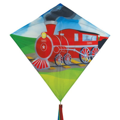 Train 30" Diamond Kite soaring in the sky with steam engine design and colorful tails, delighting children during an outdoor adventure.