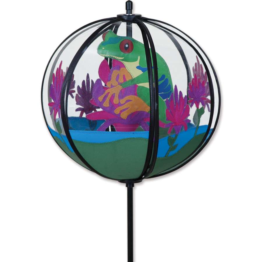 Tree Frog Ball Spinner in vibrant colors, 10x10 inches, spinning in a garden setting, showcasing whimsical tree frog design.