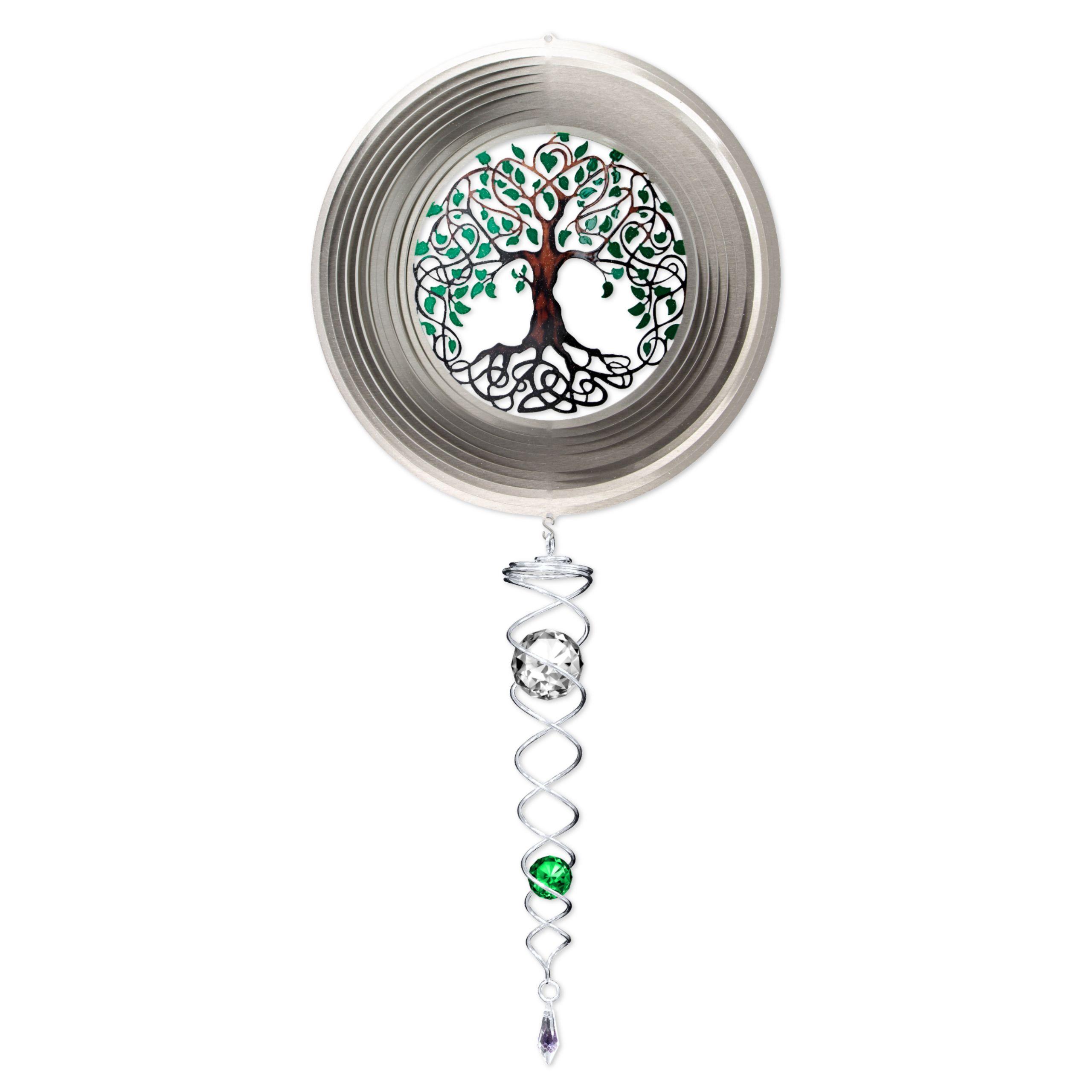 Tree of Life Mini Set Wind Spinners featuring a colorful 6.5-inch spinner and a 7.5-inch crystal twister displayed outdoors, gently spinning in the breeze.
