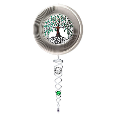 Tree of Life Mini Set Wind Spinners featuring a colorful 6.5-inch spinner and a 7.5-inch crystal twister displayed outdoors, gently spinning in the breeze.