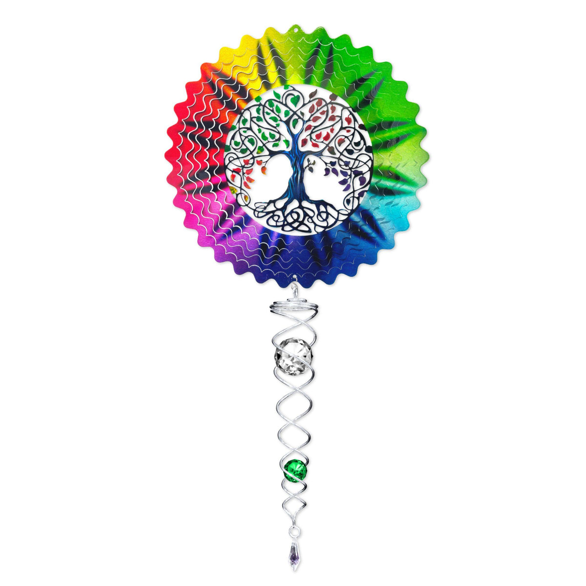 The Tree of Life Multi Color wind spinner set features intricate designs and vibrant colors that create a stunning display in any garden or home setting.