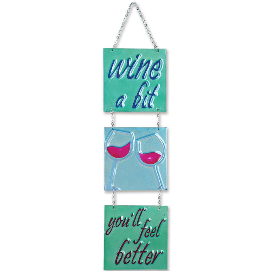 Tri-Panel Glass Expression - Wine A Bit, colorful glass decoration displayed in a sunny window, showcasing cheerful design and vibrant hues.
