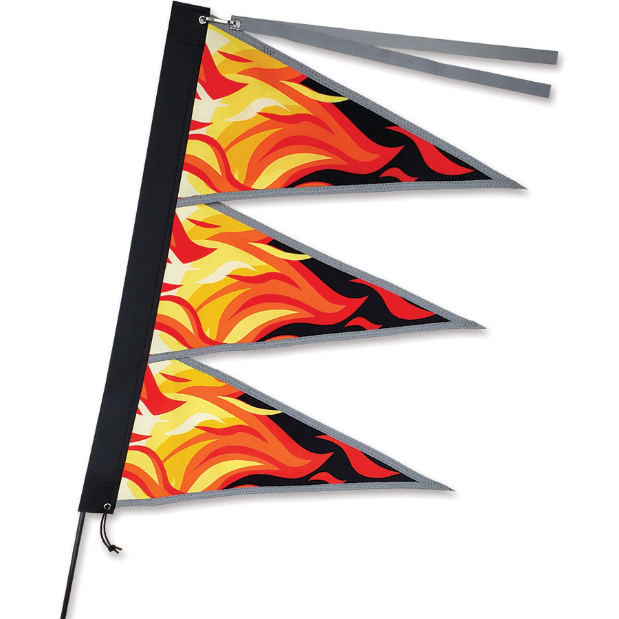 Tri-Stack Bike Flag in vibrant flames design attached to a bike pole, showcasing bright colors and reflective features for increased visibility.