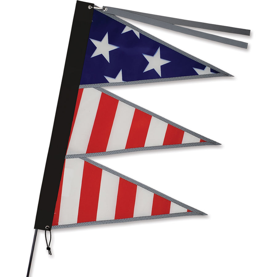 Tri-Stack Bike Flag measuring 13.5x18 inches, mounted on a 6ft pole with colorful designs and reflective elements for visibility while cycling.