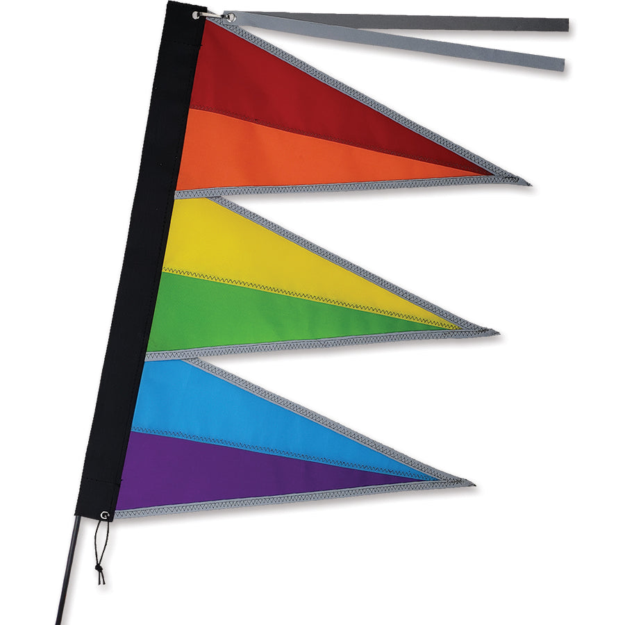 Tri-Stack Bike Flag in vibrant rainbow colors displayed on a bike, featuring a reflective top tassel and durable fabric design.