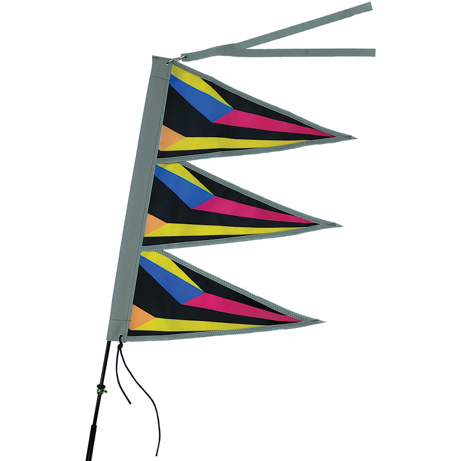 The Tri-Stack Bike Flag showcases a colorful design printed on durable SunTex fabric, enhancing visibility and safety for cyclists on the road or trails.