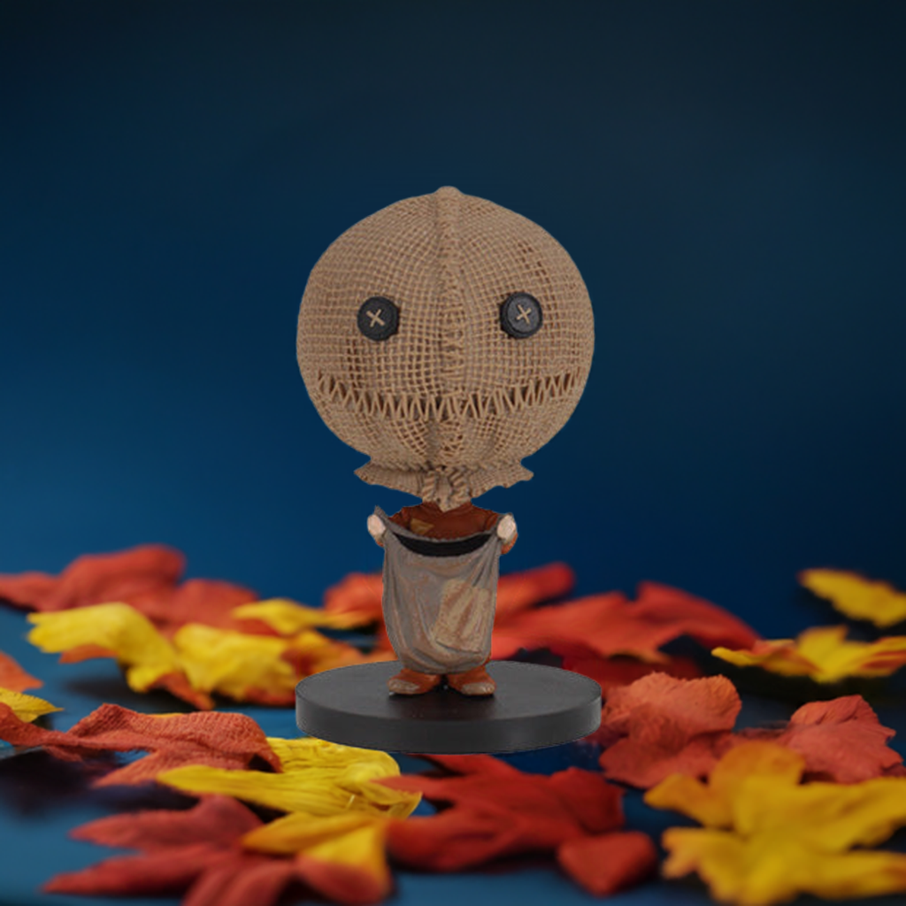 Trick 'r Treat - Sam Go! Bobbles, 3-inch tall bobblehead featuring Sam in burlap mask with treat bag, displayed in a window box.