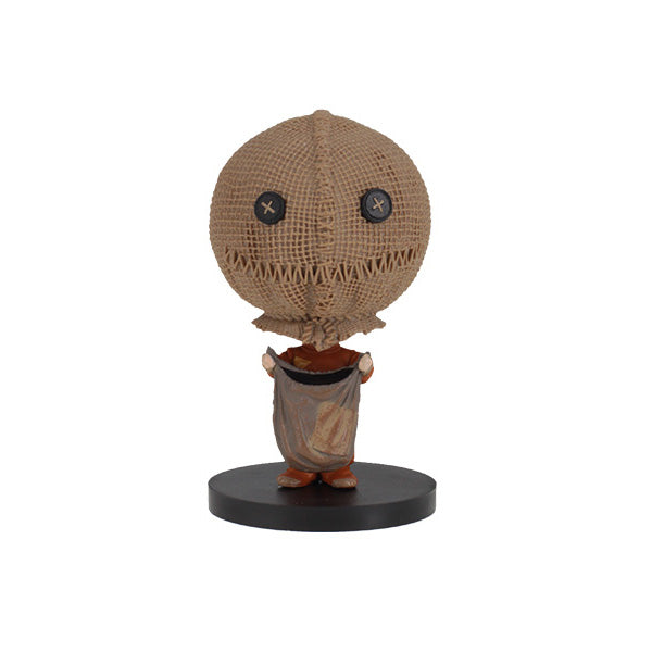 Trick 'r Treat - Sam Go! Bobbles, 3-inch tall bobblehead featuring Sam in burlap mask with treat bag, displayed in a window box.