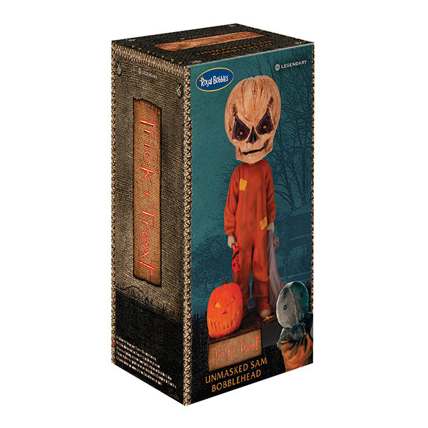Trick 'r Treat Sam Unmasked Bobblehead standing 6 inches tall, featuring detailed craftsmanship of Sam from the Halloween classic film.