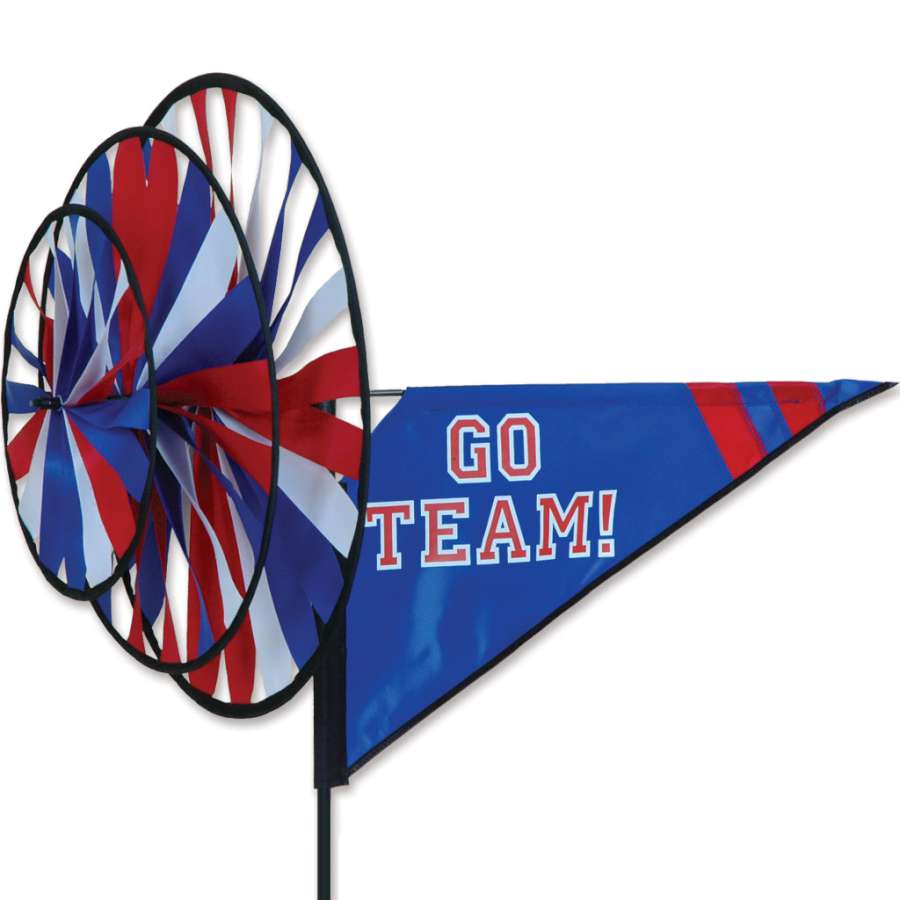 Vivid blue and red Triple Spinner displayed in a garden, swirling gracefully in the breeze to showcase team spirit.