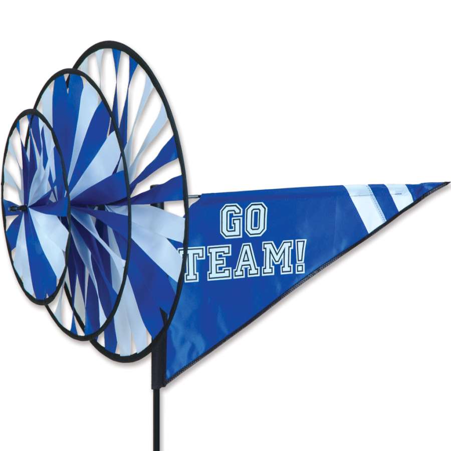 Triple Spinner - Blue featuring vibrant team colors, spun by the wind, displayed in an outdoor setting with poles and stake in place.