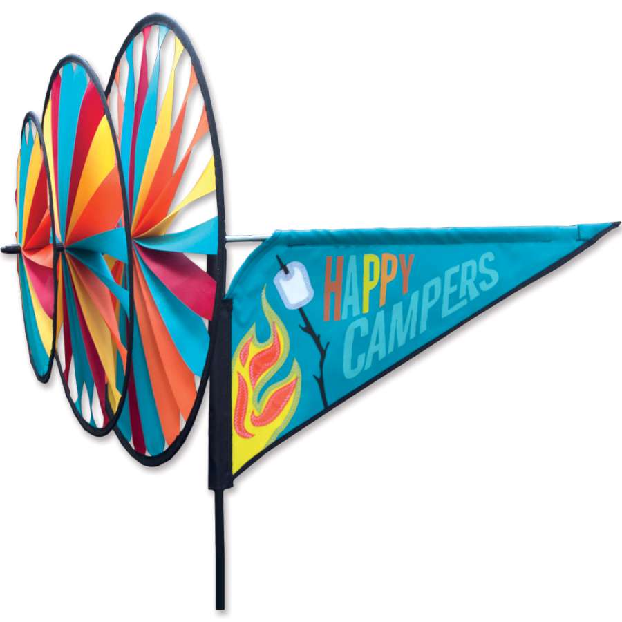 Triple Spinner - Happy Campers featuring colorful counter-rotating wheels, displayed outdoors in a garden setting, capturing the light as it spins.