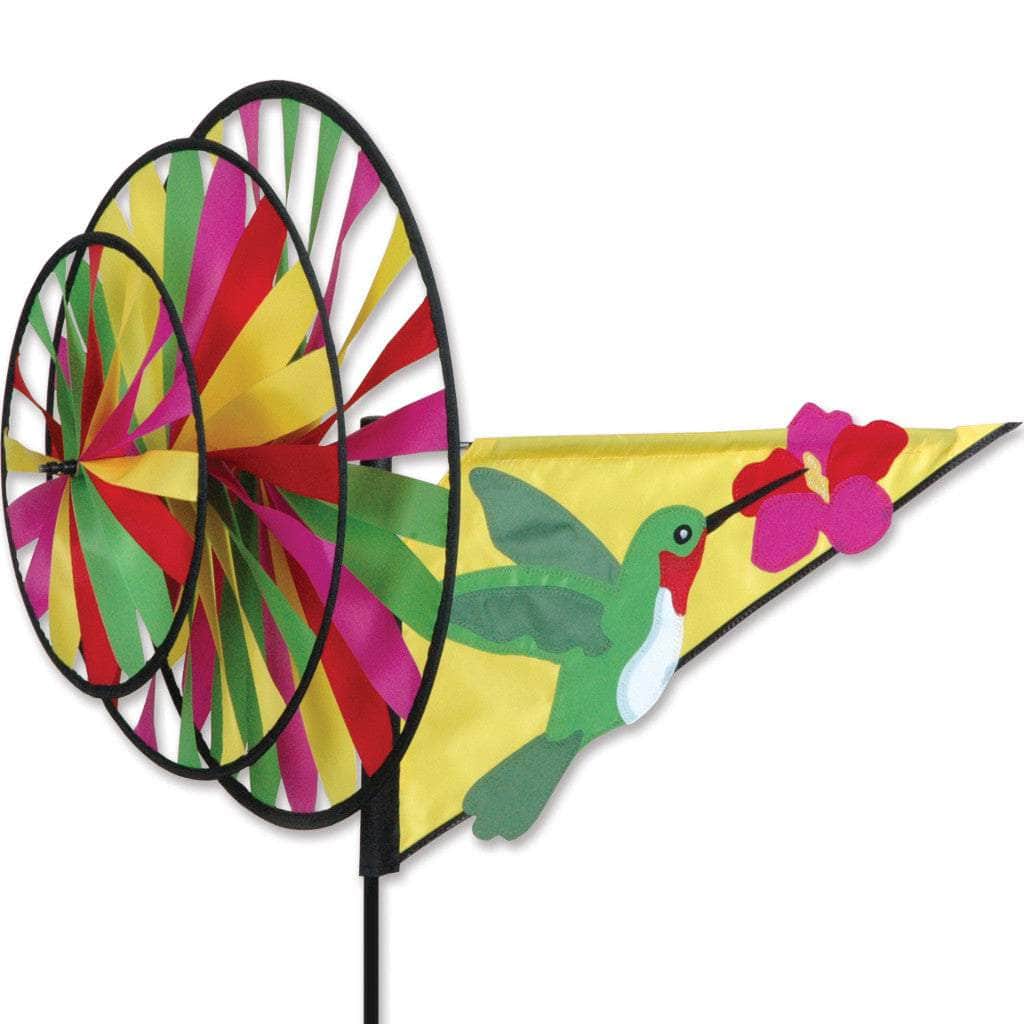 Triple hummingbird spinner with fade-resistant SunTex™ fabric and three rotating wheels for vibrant motion and nature-inspired garden décor.