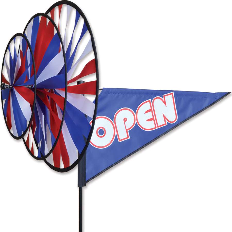Triple Spinner - Open garden spinner made with durable SunTex fabric, showcasing vivid colors and three-dimensional design spinning in the breeze.
