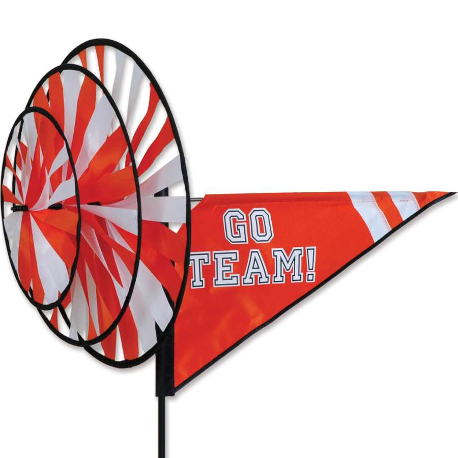 Bright orange Triple Spinner featuring vibrant colors, spinning in the breeze on a garden stake, perfect for outdoor team spirit displays.