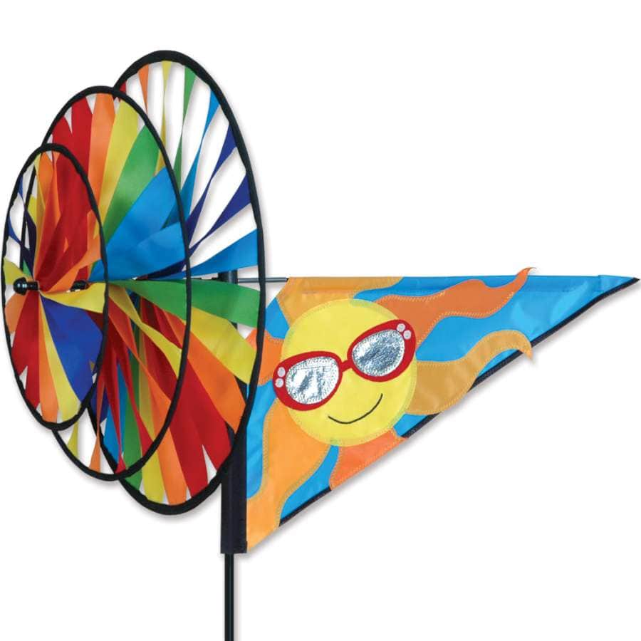 Sun spinner with radiant applique design and three counter-rotating wheels—durable outdoor décor that brings brightness and motion to any yard.