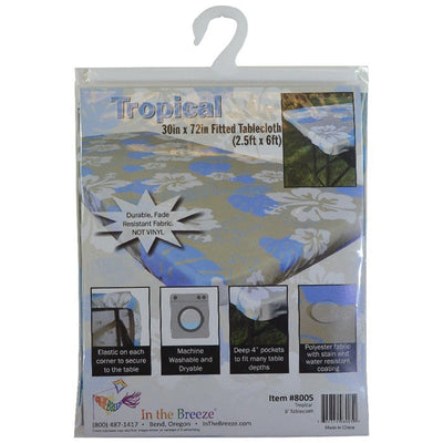 Vibrant Tropical 6' Tablecloth secured on a picnic table, showcasing its colorful pattern and deep pockets for outdoor use.