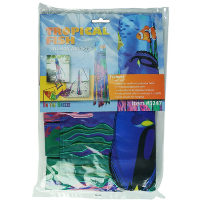 Tropical Fish 40\" Illusion Windsock displaying a vivid fish design and colorful tails, fluttering in a gentle breeze in a garden setting.