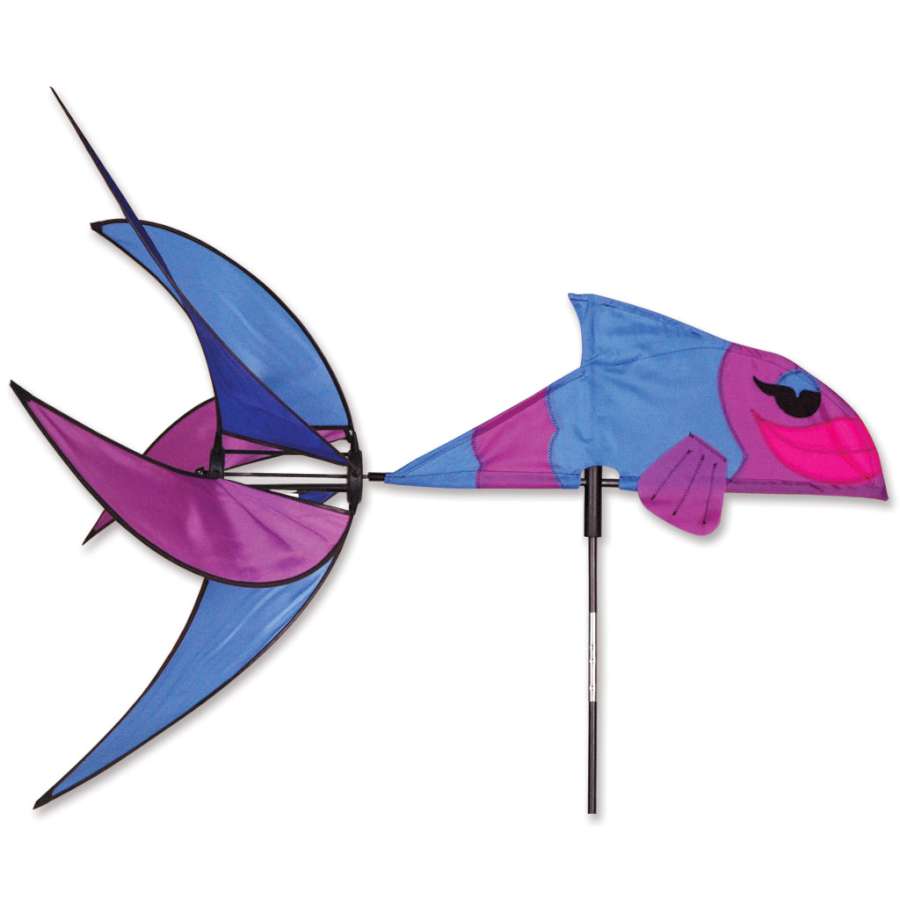 Tropical Fish Garden Spinner with colorful fish designs, measuring 31x40 inches, spinning gently in an outdoor garden setting.