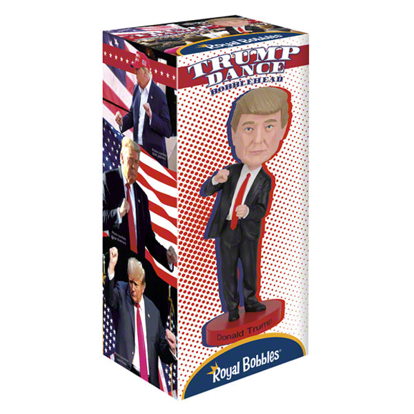 Trump Dance Bobblehead displaying Donald Trump in a suit with a playful dance pose, highlighting vibrant details for political humor lovers.