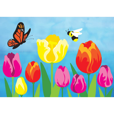 Vibrant tulips windsock featuring embroidered flowers, a butterfly, and a bee, displayed outdoors swaying gently in the breeze.