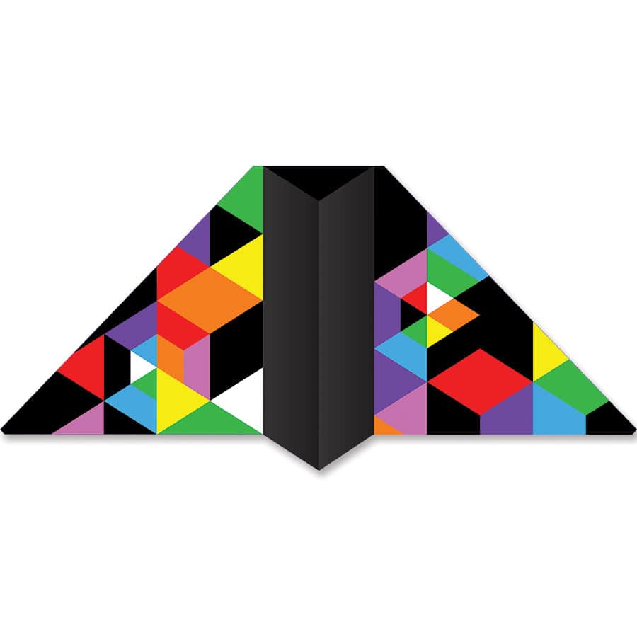 Geometric tunnel delta kite with large wingspan and vivid abstract pattern, built with carbon tubes to lift line laundry in 4–15 mph wind.