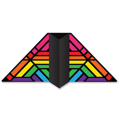 Stained glass style tunnel delta kite with 187 in. wingspan and carbon tube frame, built to lift line decor in light wind with high color visibility.