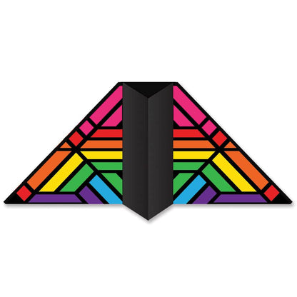Stained glass style tunnel delta kite with 187 in. wingspan and carbon tube frame, built to lift line decor in light wind with high color visibility.
