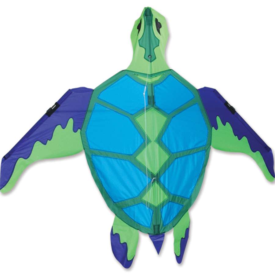 Vibrant Turtle Kite measuring 36 x 45 inches, depicted soaring in the sky with an ocean backdrop, designed for stable flying fun.