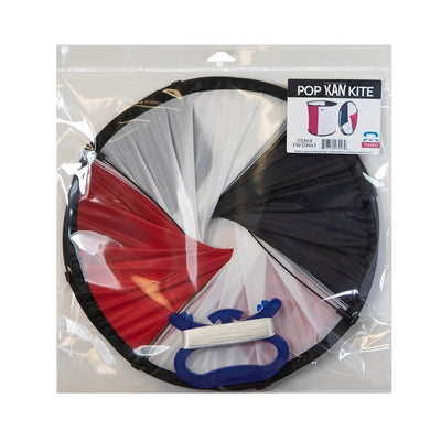 Tuxedo Pop Kan Kite displaying vibrant colors soaring in a clear blue sky, showcasing its unique twist-and-pop design for easy use.
