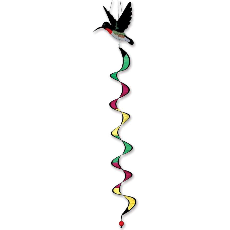 Twister - Ruby Hummingbird outdoor decoration with a vivid red hummingbird design, elegantly spinning in the garden, showcasing its colorful charm.