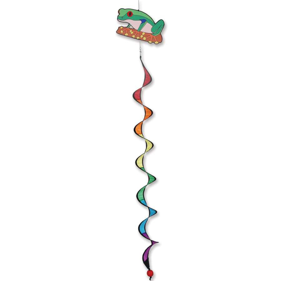 Colorful Twister - Tree Frog garden accent piece spinning in a garden, featuring bright green and yellow colors.
