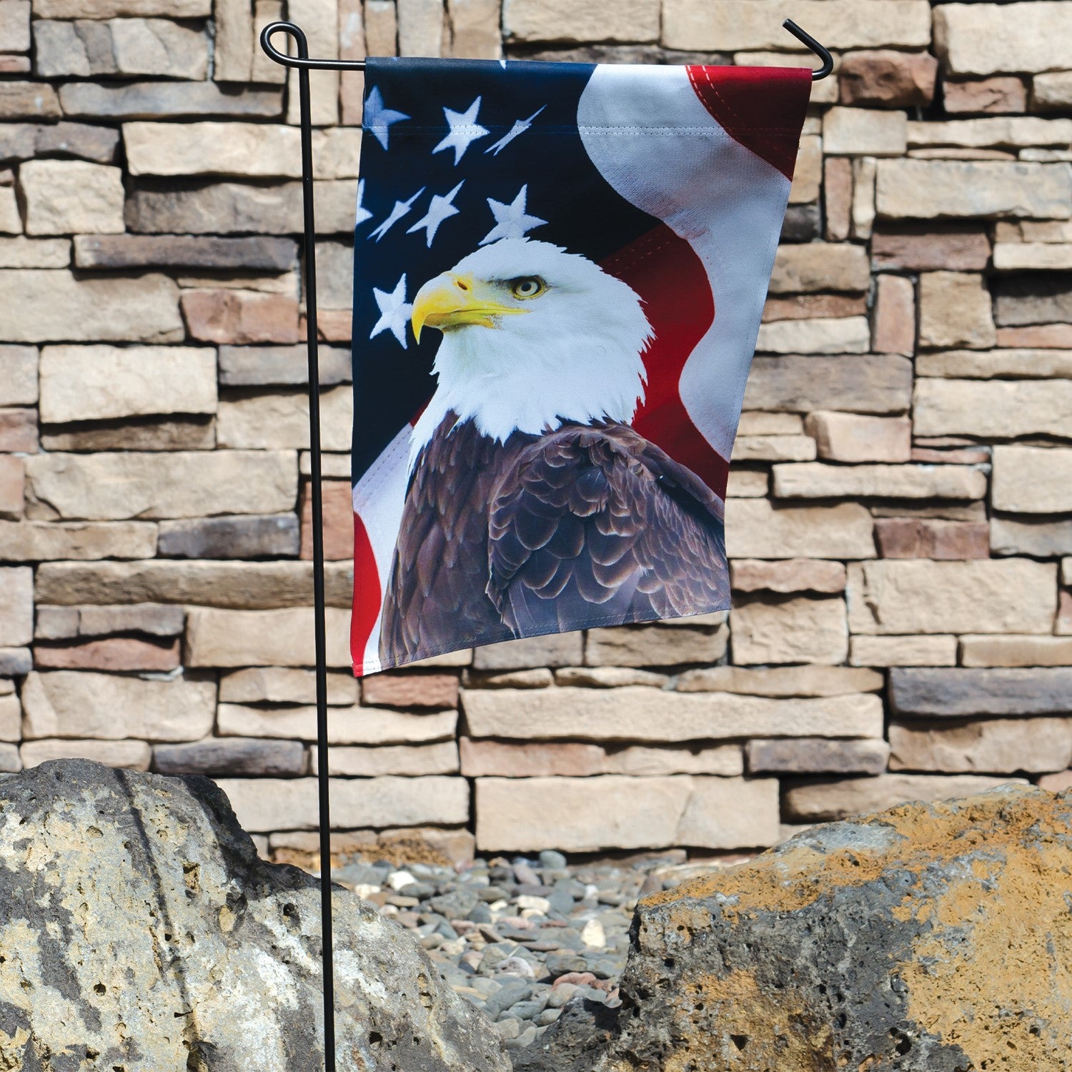 The U.S. Eagle Lustre Garden Flag depicts a striking bald eagle in flight, made from durable polyester fabric, ideal for outdoor use and showing American pride.