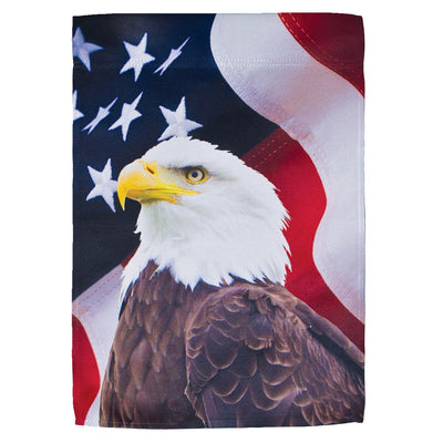 The U.S. Eagle Lustre Garden Flag depicts a striking bald eagle in flight, made from durable polyester fabric, ideal for outdoor use and showing American pride.