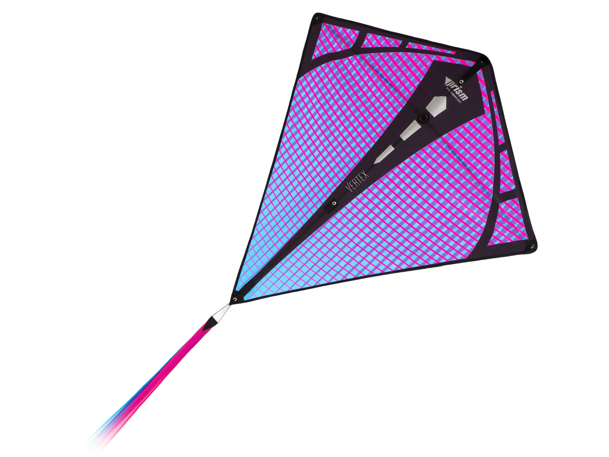 Ultraviolet Prism Vertex diamond kite with purple and blue gridded sail and removable triple ribbon tail