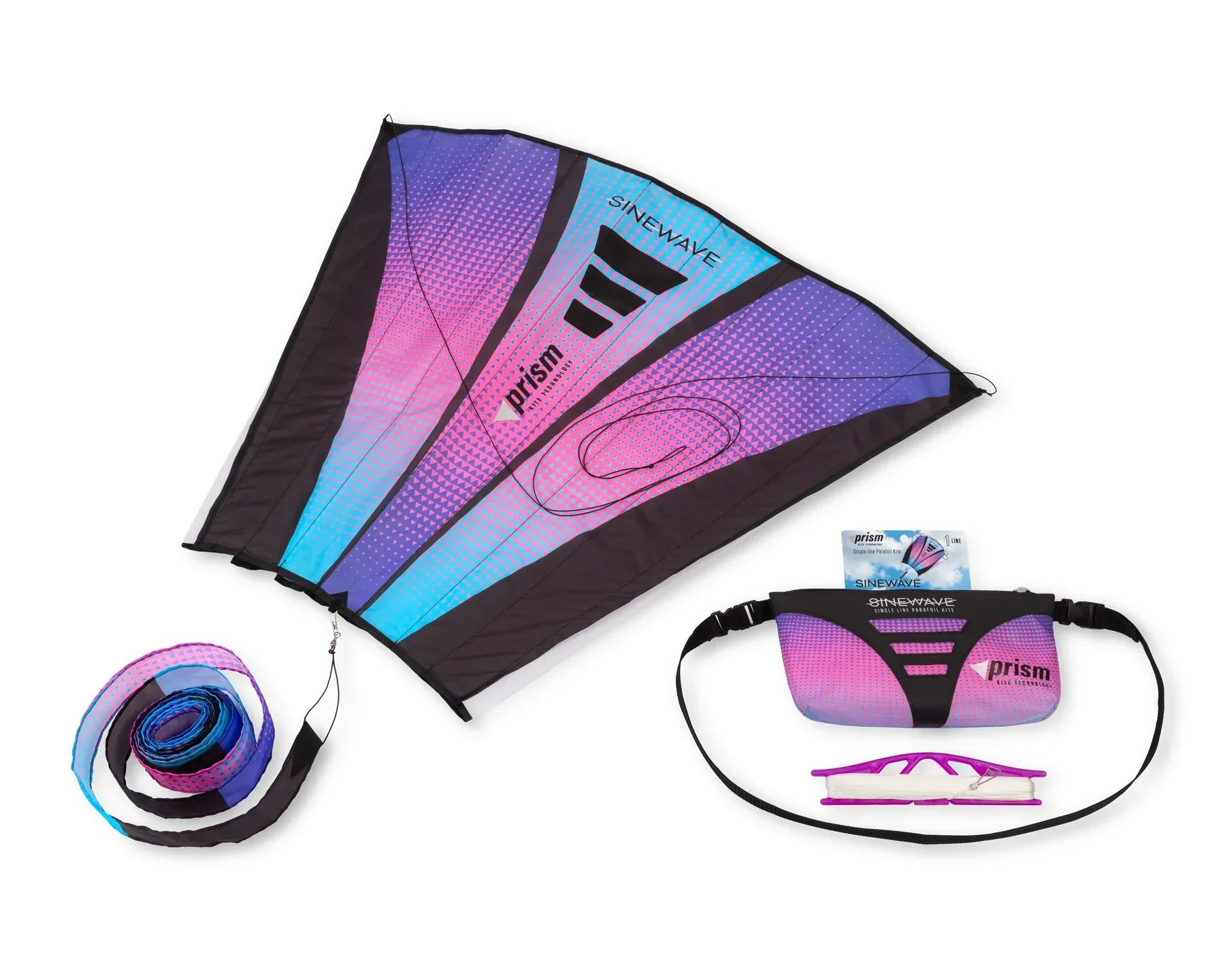 Sinewave kite with colorful parafoil design, smooth wave-like motion, and detachable tail—durable, frameless outdoor fun for flyers of all skill levels.