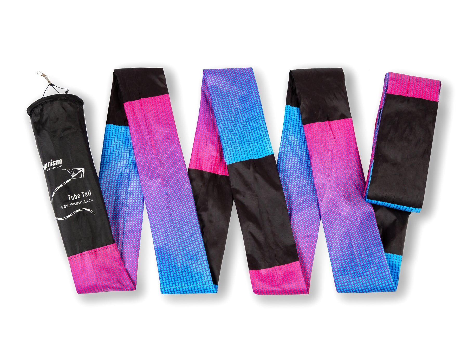 Ultraviolet tube tail with geometric gradient design, inflating airflow construction, and swivel clip for vibrant, motion-filled kite flying.