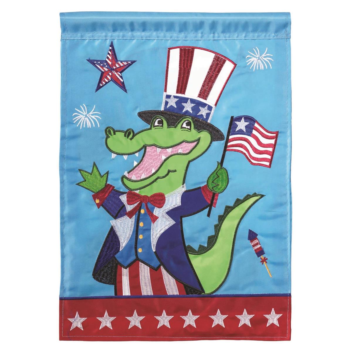 Uncle Sam Alligator 13x18 garden flag with playful alligator design, crafted from weatherproof polyester for lasting outdoor display.