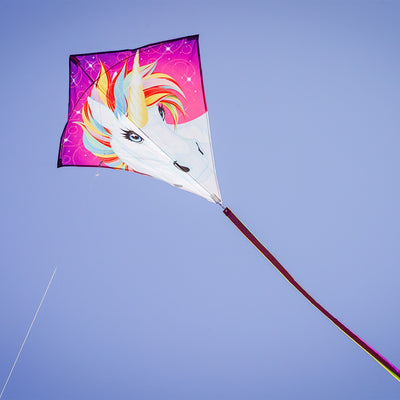 The Unicorn 30" Diamond Kite features a stunning and colorful unicorn design, made from weather-resistant ripstop fabric, perfect for outdoor flying adventures.