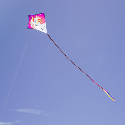 The Unicorn 30" Diamond Kite features a stunning and colorful unicorn design, made from weather-resistant ripstop fabric, perfect for outdoor flying adventures.