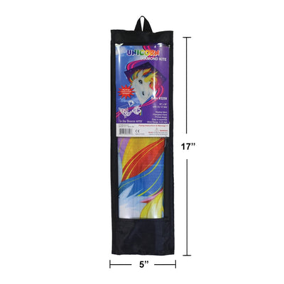 The Unicorn 30" Diamond Kite features a stunning and colorful unicorn design, made from weather-resistant ripstop fabric, perfect for outdoor flying adventures.