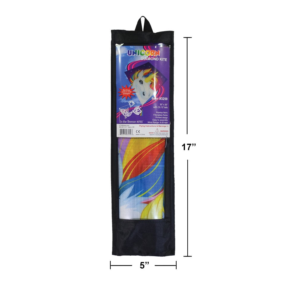The Unicorn 30" Diamond Kite features a stunning and colorful unicorn design, made from weather-resistant ripstop fabric, perfect for outdoor flying adventures.