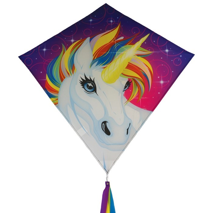 The Unicorn 30" Diamond Kite features a stunning and colorful unicorn design, made from weather-resistant ripstop fabric, perfect for outdoor flying adventures.