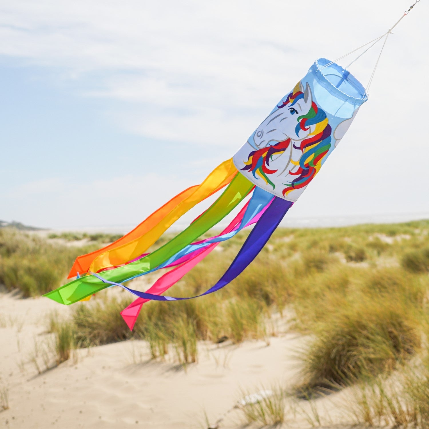 Unicorn 40-inch windsock in vibrant colors with a whimsical design features embroidered details, fluttering tails, and durable material for outdoor enjoyment.