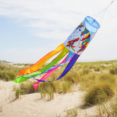 Unicorn 40-inch windsock in vibrant colors with a whimsical design features embroidered details, fluttering tails, and durable material for outdoor enjoyment.
